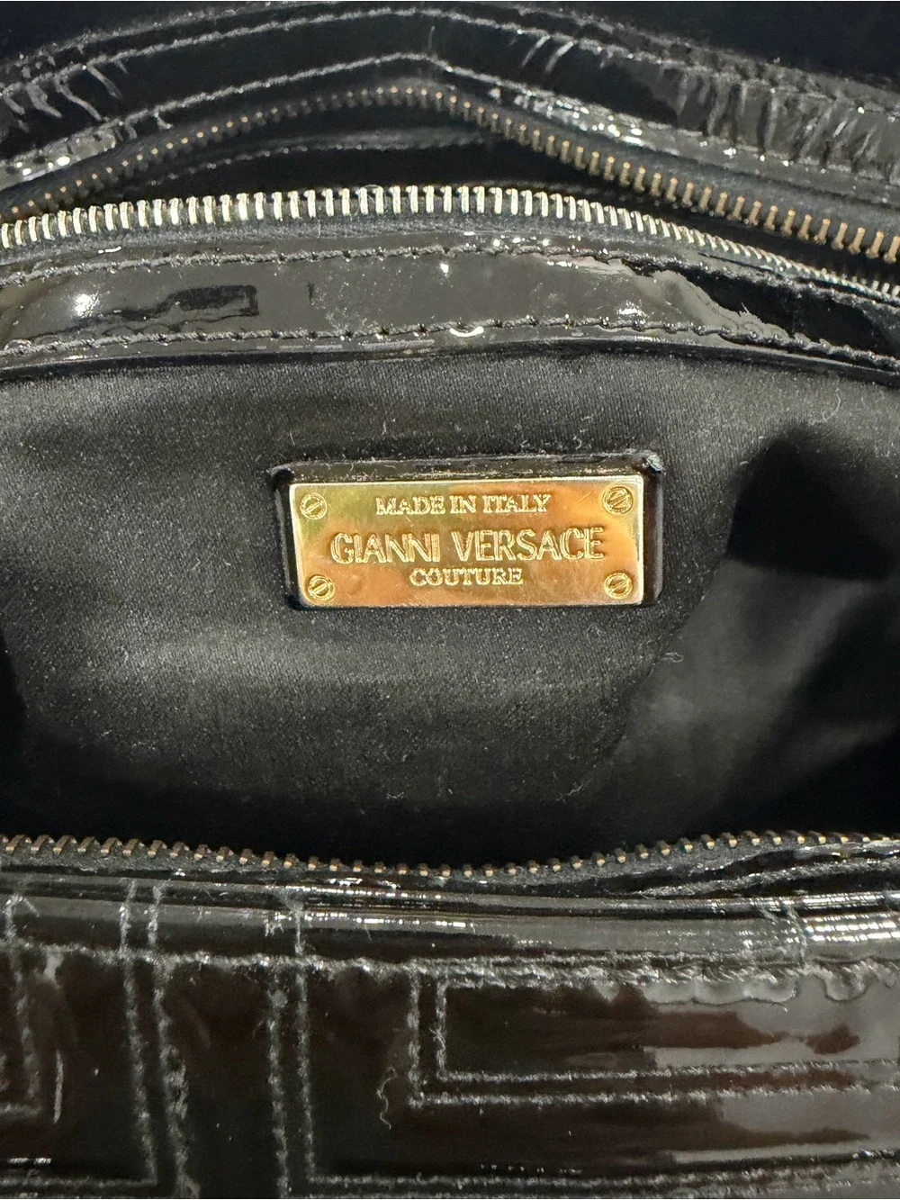 Versace Black Patent Leather Braided-Handle Satchel with Gold Plaque